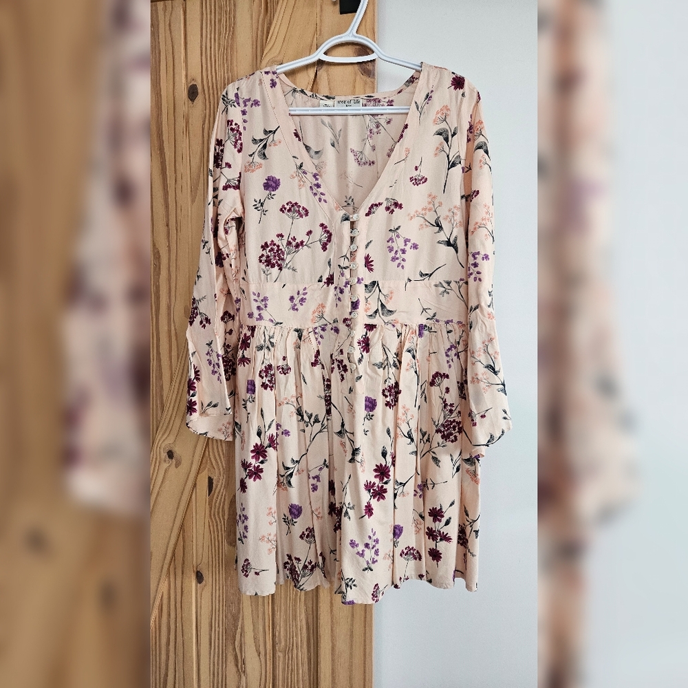 Tree of Life Floral Mini Dress - Cream and Purple